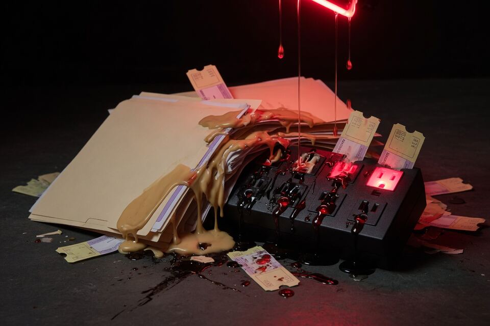 Blank tickets melting into a surge protector under neon red light.
